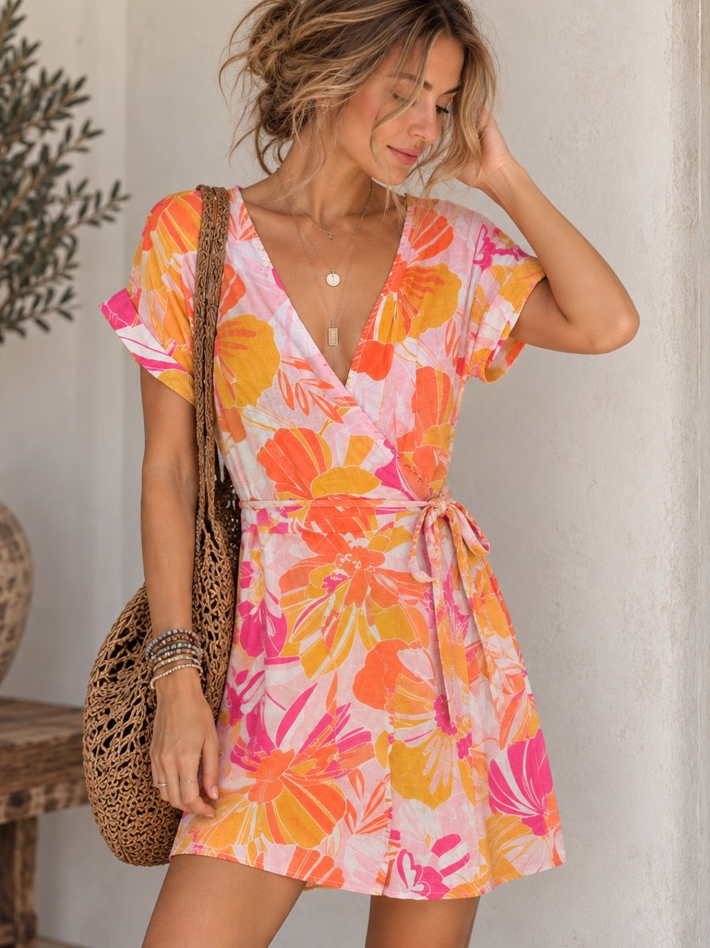 Floral Linen Blend True Wrap Mini Dress Pink Orange